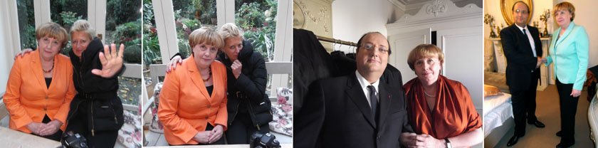 MERKEL-Double mit Fotografin Alison Jackson und HOLLANDE-Imitator